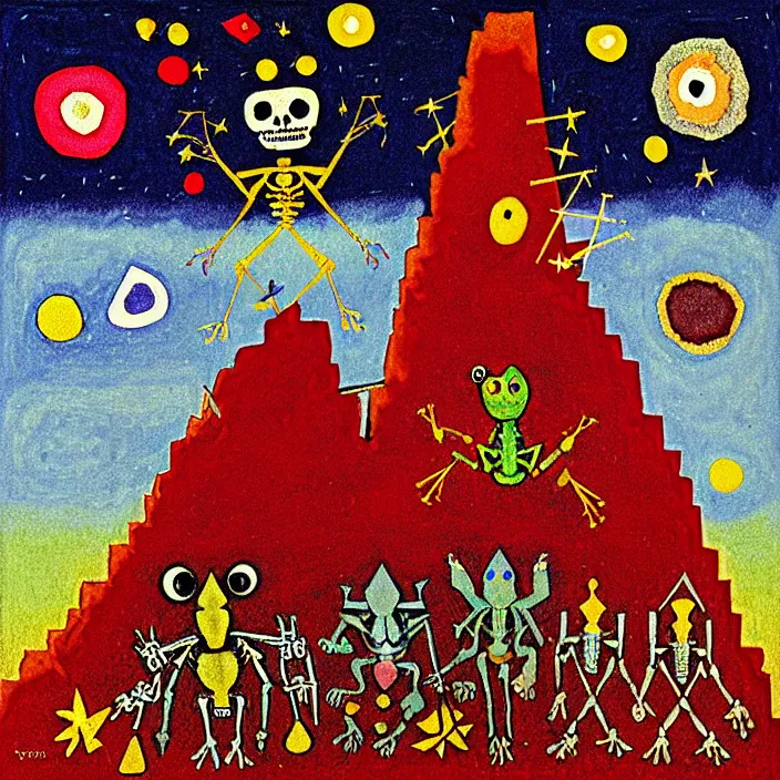 Image similar to pixel decollage painting tarot devil card composition tower of babel road red armor maggot bear and wonky alien frog skeleton knight on a horse in a dark red cloudy night sky with golden foil stars, occult symbols and diamonds, mountain lake and blossoming field in background, painted by mark rothko, helen frankenthaler, danny fox and hilma af klint, pixelated