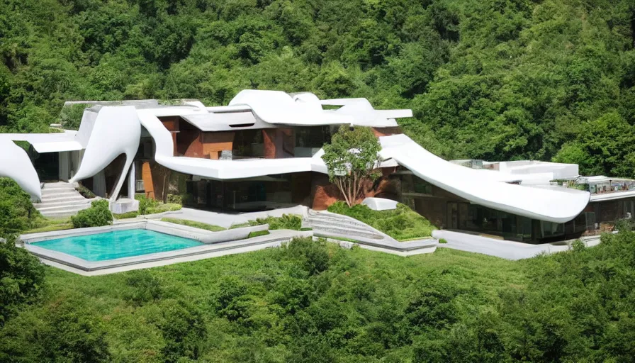 Image similar to villa inspired by tibetan architecture, on a green hill, overlooking a valley with trees, frank lloyd wright, zaha hadid, le corbeusier, photorealistic, birds eye view