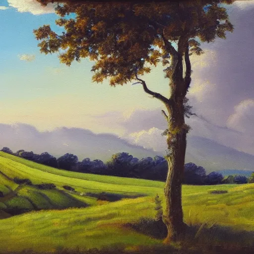 Prompt: A painting of a landscape, with rolling hills, green fields, and a blue sky, in a pastoral style.