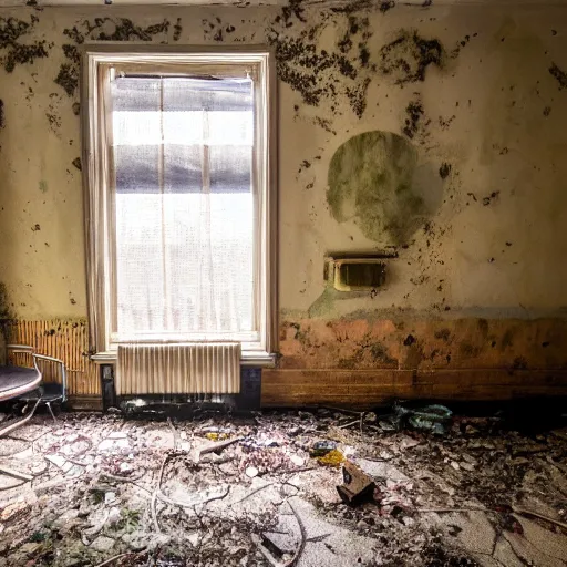 Image similar to an old hotel room, the walls are decaying, the floor has plants growing through cracks, the room is filled with tables and chairs, the tables have moldy food on them, sunlight is coming through a window, taken on a 2. 2 mm ultrawide camera.