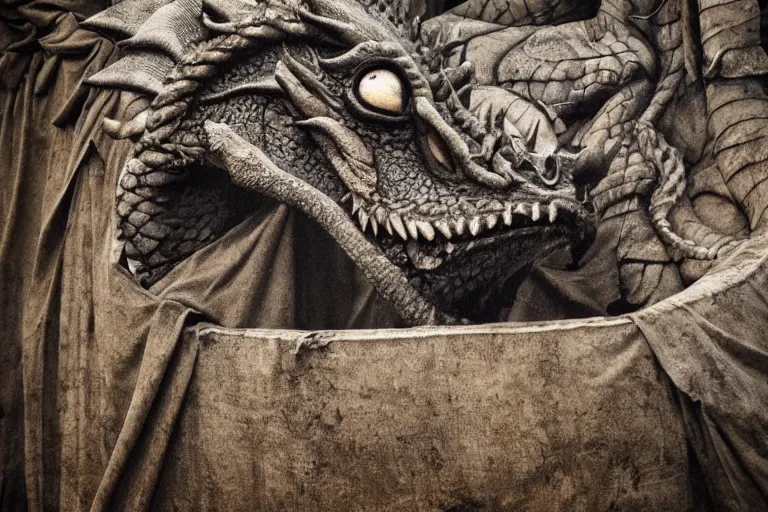 Image similar to photo of sad dragon from game of thrones on the sreets of depressive soviet russia, photorealism,