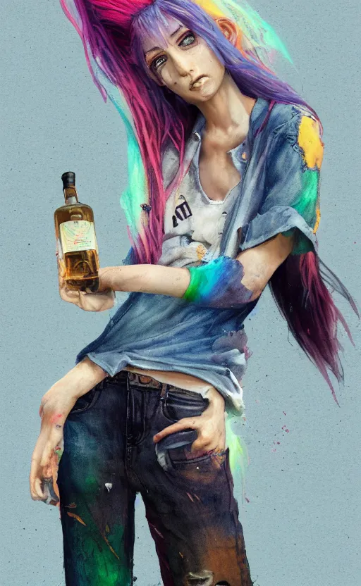 Image similar to a grungy woman with rainbow hair, happy, holding bottle of whiskey, soft eyes and narrow chin, dainty figure, long hair straight down, torn kawaii shirt and baggy jeans, basic white background, In style of by Jordan Grimmer and greg rutkowski, crisp lines and color,