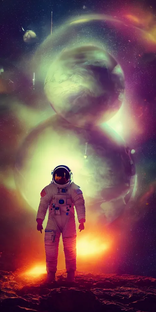 Prompt: high detail portrait of an astronaut holding an assault rifle floating in space inside magic colorful glowing sparkling fog, circular planet behind it, starry sky, tranquil, desolate, atmospheric, hazy, autochrome, 8k, reflections, octane render, unreal engine 5