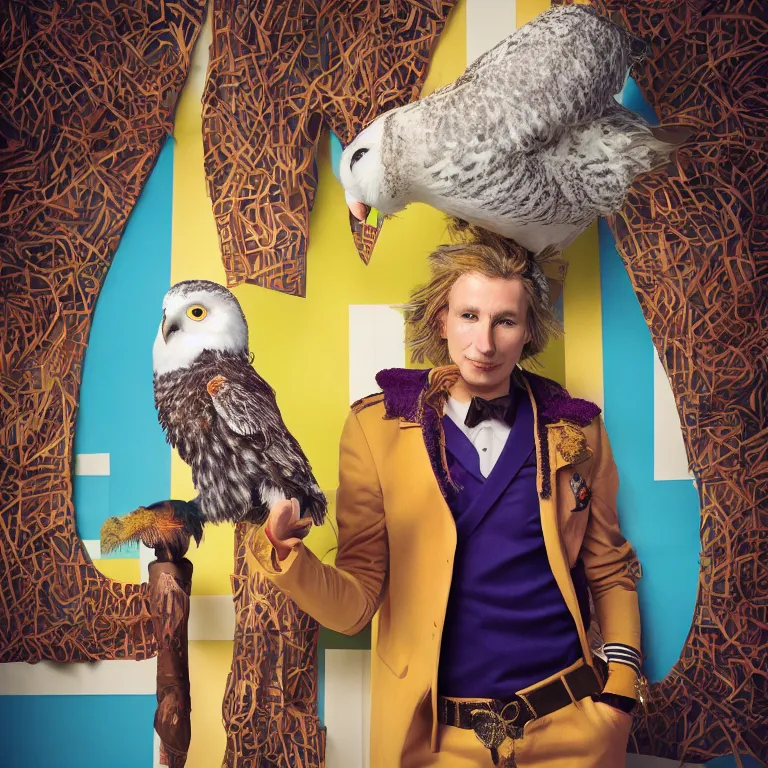 Image similar to high fashion photoshoot octane render portrait by wayne barlow and carlo crivelli and glenn fabry, an actor wearing a colorful wes anderson designed uniform and holding a snow owl inside a high - end exotic colorful pastel vintage boutique hotel lounge, very short depth of field, bokeh