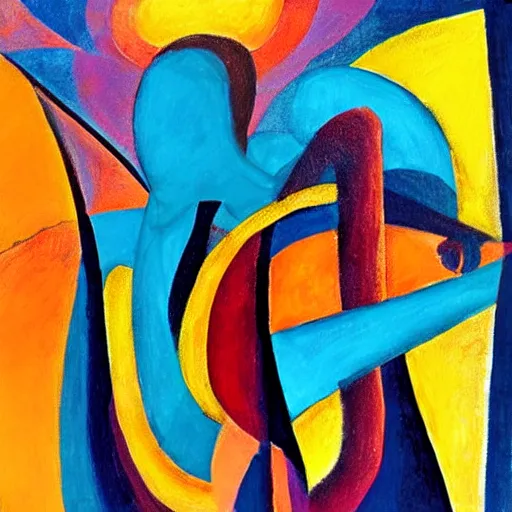 Image similar to woman woman dances by the ocean with her sisters at sunset , abstract art in the style of cubism and georgia o’keefe ,