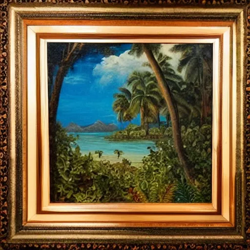 Image similar to a dusty old framed painting of a beautiful tropical landscape