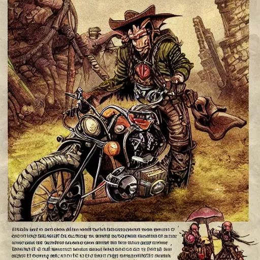 Image similar to dungeons and dragons, goblin outlaw gang on motorcycles, concept art, players handbook, very detailed, mechanic, schematic, illustration, stats