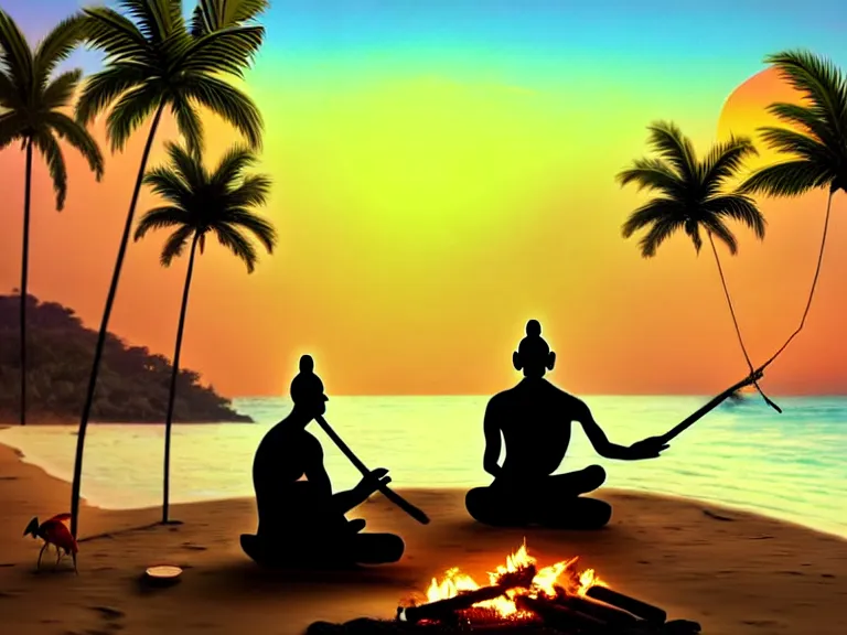 Prompt: gandhi sitting on a beach next to a campfire with palm trees in the back, holding a cigar, sunset, surrounded by different animals, parrots, turtle, lizard, crab, coconuts,, glorious lighting, epic environment, highly detailed, digital art, hyper realistic, beautiful, 8 k, trending on deviantart