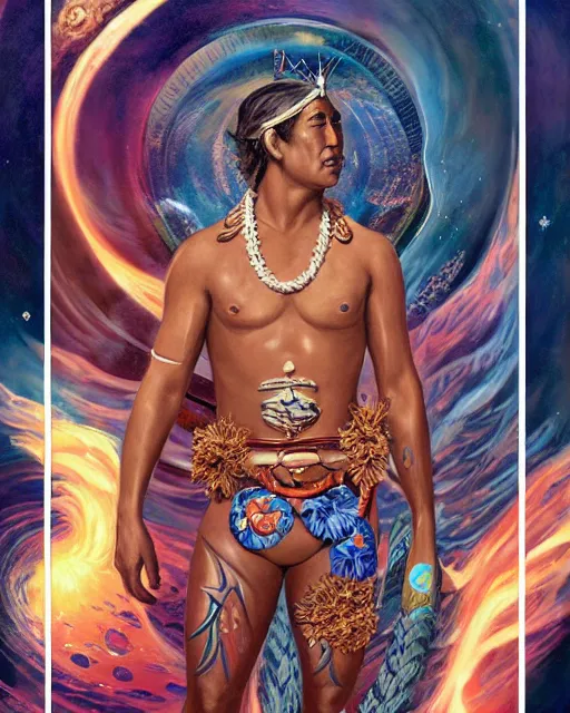 Image similar to duke kahanamoku as a hawaiian warrior surrounded by intergalactic planets connected by streams of magical flow, sigma male, gigachad, visually stunning, luxurious, by james jean, jakub rebelka, tran nguyen, peter mohrbacher, yoann lossel