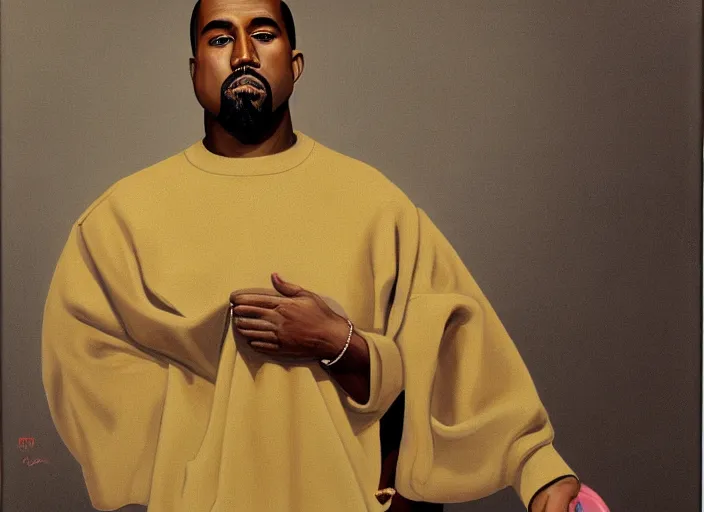 Prompt: portrait painting of kanye west in his donda attire by john currin