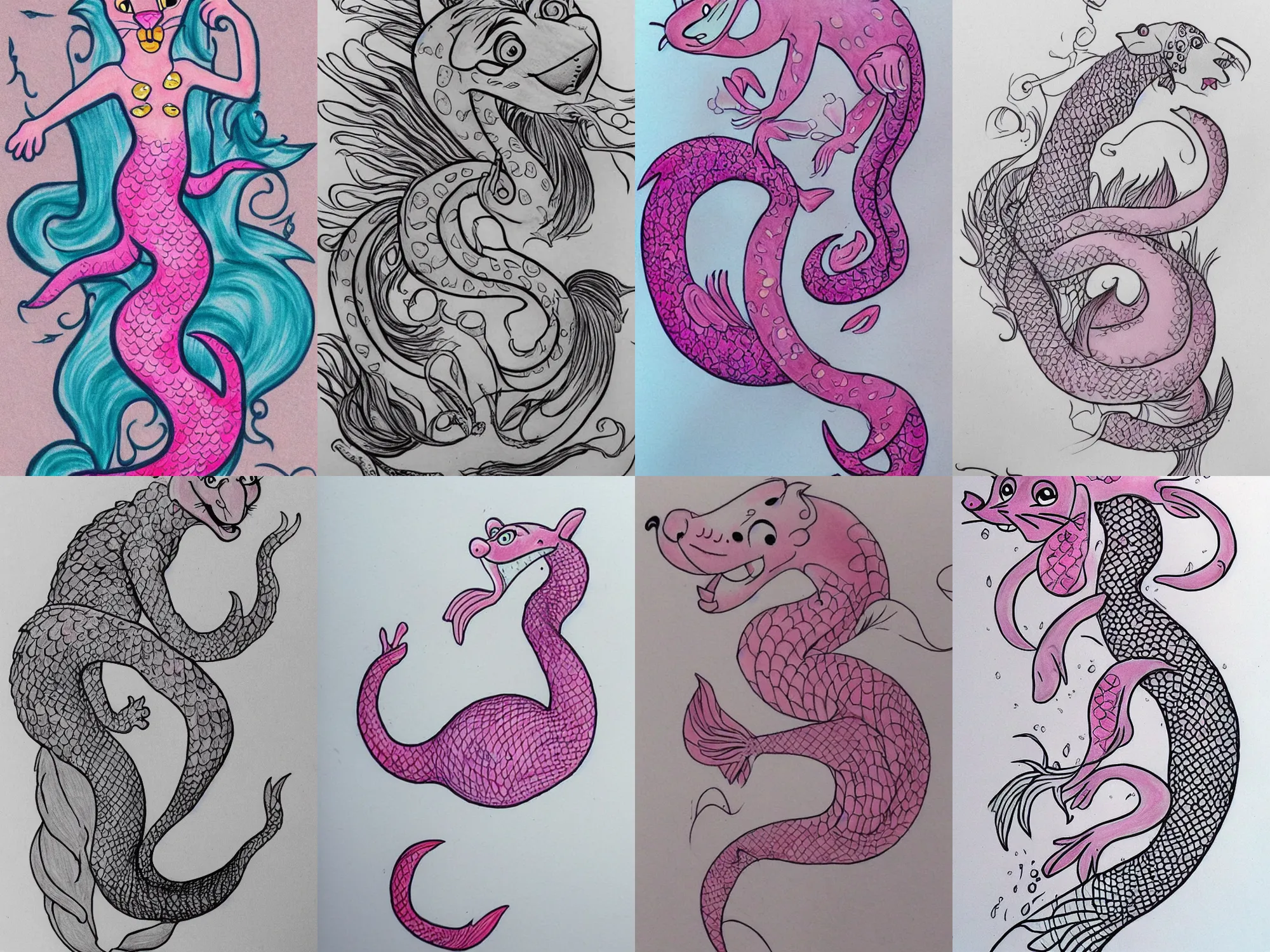 Prompt: pink panther mermaid, drawing, tattoo