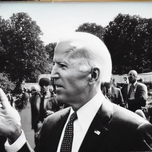 Prompt: polaroid photograph of Joe Biden standing in front of the white house on fire