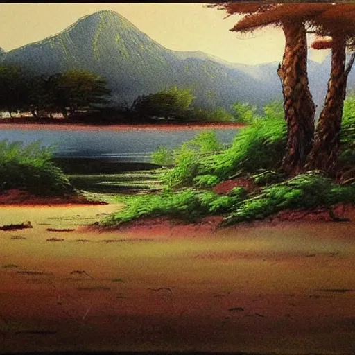 Image similar to A painting of a beautiful scene of nature. The colors are very soft and muted, and the overall effect is one of serenity and peace. The composition is well balanced, and the brushwork is delicate and precise. 1990s by Kim Jung Gi rendering