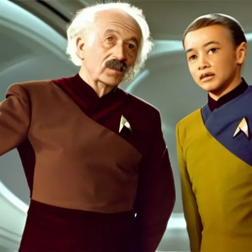 Image similar to Young Eintsein and Old Einstein in starfleet uniforms from the next Star Trek movie