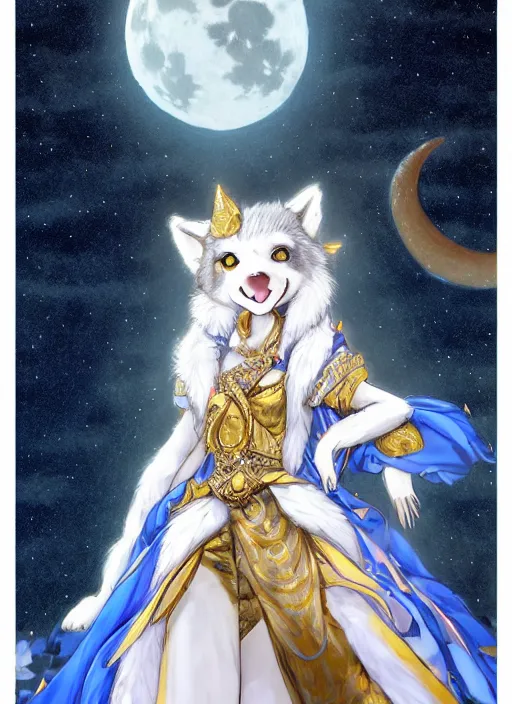Image similar to commissioned full body portrait of a female anthro wolf princess fursona with a furry wolf head and white hair wearing a blue and gold Japanese armored dress in a white and gold palace on a starry night with a large crescent moon, by a professional manga illustrator, Stanley Artgerm Lau, WLOP, Rossdraws, James Jean, Andrei Riabovitchev, Marc Simonetti, and Sakimichan, trending on artstation