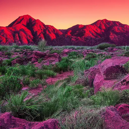 Image similar to the sky is a deep purple, with swirls of pink and orange. the ground is red and rocky, with strange plants growing in patches. there is a river of green liquid, and in the distance, you can see a mountain range.