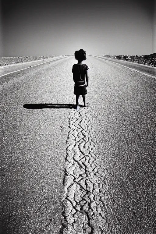 Image similar to photo polaroid of sad and lonely child in the middle of the street, sahara desert, loneliness, black and white ,photorealistic, 35mm film,