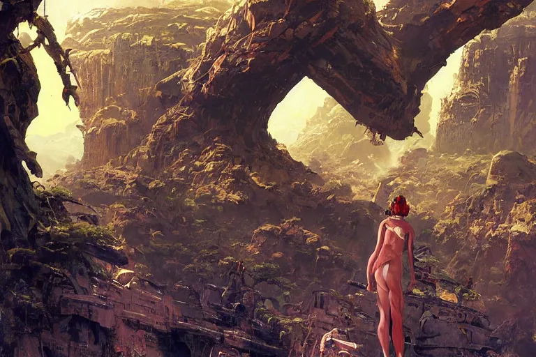 Image similar to pulp scifi illustration, space woman meets science fiction lizard in beautiful landscape, baobab trees, waterfall, distant mountains, dynamic action, by norman rockwell, jack kirby, john berkey, bergey, craig mullins, ruan jia, raymond swanland, jeremy mann, beksinski, tom lovell, alex malveda, schomburg