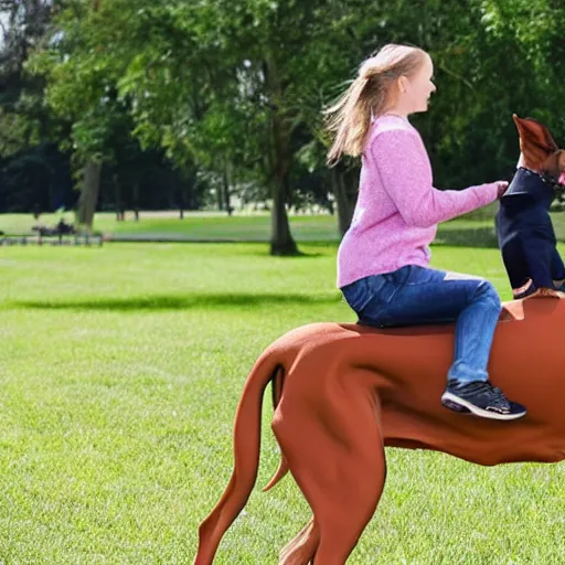 Image similar to girl riding a giant doberman in the park