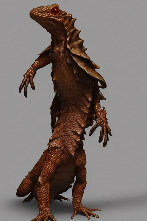 Prompt: a frilled neck lizard wearing leather armor, unreal engine, volumetric lighting, artstation