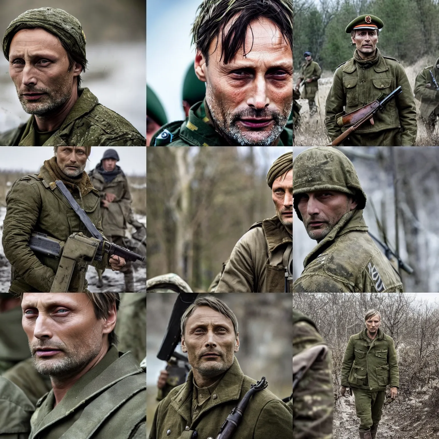 Prompt: Mads Mikkelsen in Ukrainian Azov Battalion at war