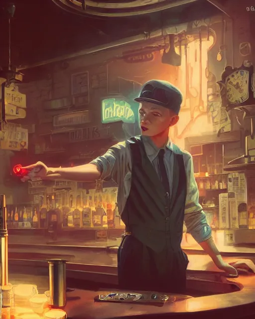 Image similar to young Frank Sinatra as a poor 1950s bartender, dystopia, 1980s Soviet Russia, steampunk, cyberpunk Stephen Bliss, unreal engine, fantasy art by Greg Rutkowski, Loish, Rhads, Makoto Shinkai and Lois van baarle, ilya kuvshinov, rossdraws global illumination, radiant light, detailed and intricate environment