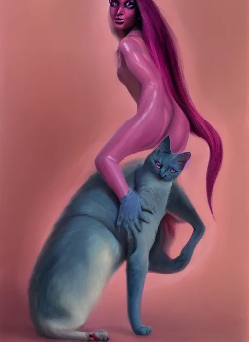 Image similar to a portrait of a pink cat hybrid woman wearing clothes, art by boris vallejo and greg danton and denys tsiperko, detailed, hyperrealism, artstation