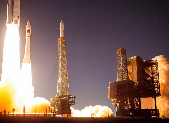 Prompt: film still of nighttime launch of the space launch system LC-39B at Kennedy Space Center in 2025, 4k, 120mm f5.6