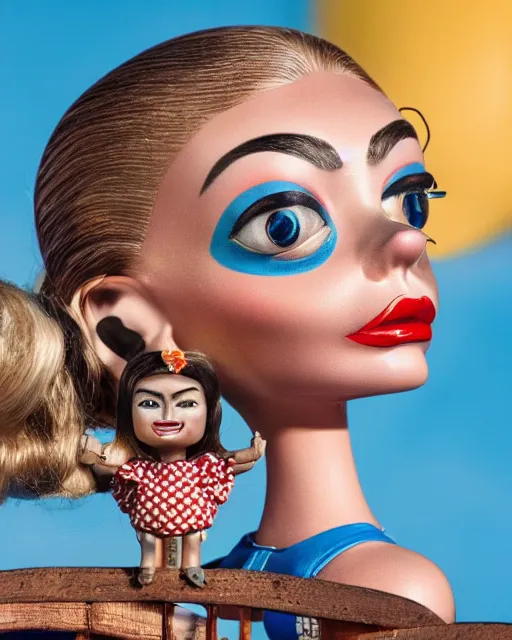 Image similar to closeup face profile portrait of a tin toy retro 1 9 5 0 s cara delevingne, bikini, depth of field, zeiss lens, fashion photoshoot by nicoletta ceccoli, mark ryden, lostfish, breathtaking, detailed and intricate environment, 8 k resolution, extremely detailed, beautiful, establishing shot, artistic, hyperrealistic, octane render