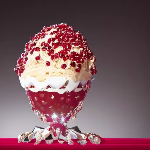 Image similar to an ice cream sundae made out of rubies and diamonds and chocolate, elegant and ornate,