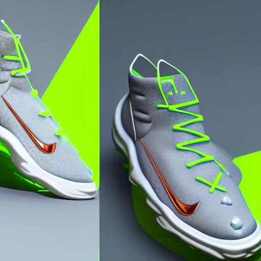 Prompt: new future Nike sneakers inspired by Rick And Morty, photography studio, 3D rendering, ultrarealistic, hyperdetalied,