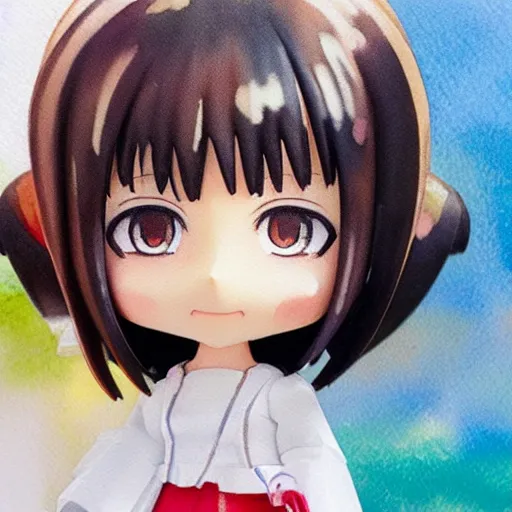 Prompt: high quality portrait watercolor painting of nendoroid cute girl by hayao miyazaki , medium close-up