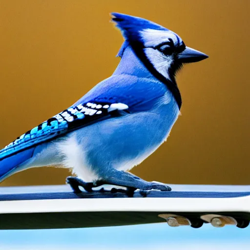 Prompt: photo of blue jay riding a skateboard