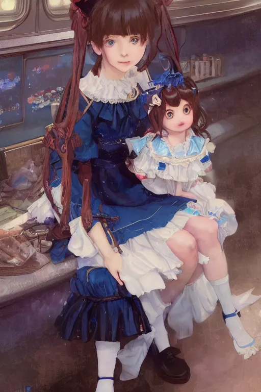 Image similar to a character design of black - haired little girl in a blue lolita dress with stars and petticoat holding a doll sitting on the subway by krenz cushart and mucha and akihito yoshida and greg rutkowski, detailed eyes, 4 k resolution