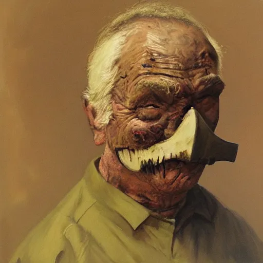 Image similar to painting of an old man wearing a scary mask