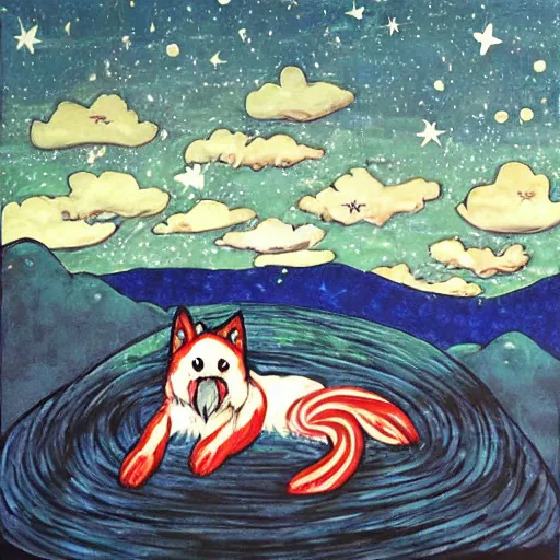 Image similar to okami!!!!!!! resting under a sky full of stars, by a deep!! river, calm, acrylic on canvas, okami, okami, okami, okami, okami, okami, cel shaded, cel shaded, cel shaded, cel shaded