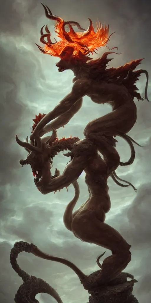 Prompt: partial ecorche female centaur demon with scoliosis and curved horns and fiery eyes on a pedestal, upshot, dramatic cinematography, volumetric lighting, dark curly hair, by peter mohrbacher, smoke, slime, dark