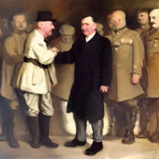 Prompt: painting of Jewish man shaking hands with hitler, John Singer Sargent style