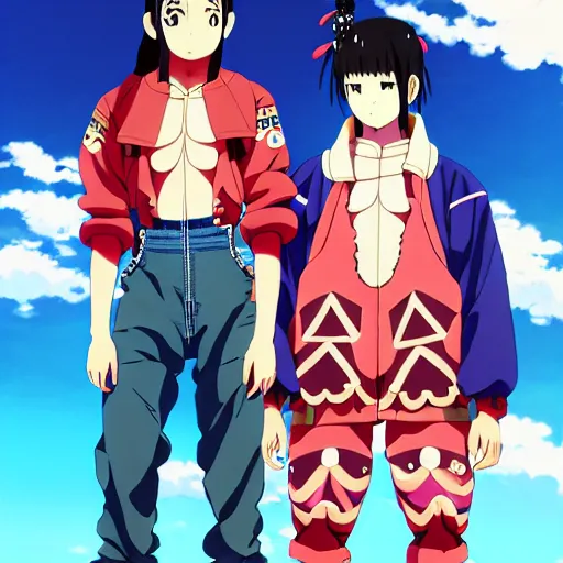 Prompt: a beautiful mayan anime boy gravure model, wearing oversized native designer bomber jacket and leotard with overalls, bulky poofy bomber jacket with mesoamerican patterns, mesoamerican native street fashion, gapmoe yandere grimdark, trending on pixiv fanbox, painted by greg rutkowski makoto shinkai takashi takeuchi studio ghibli, akihiko yoshida