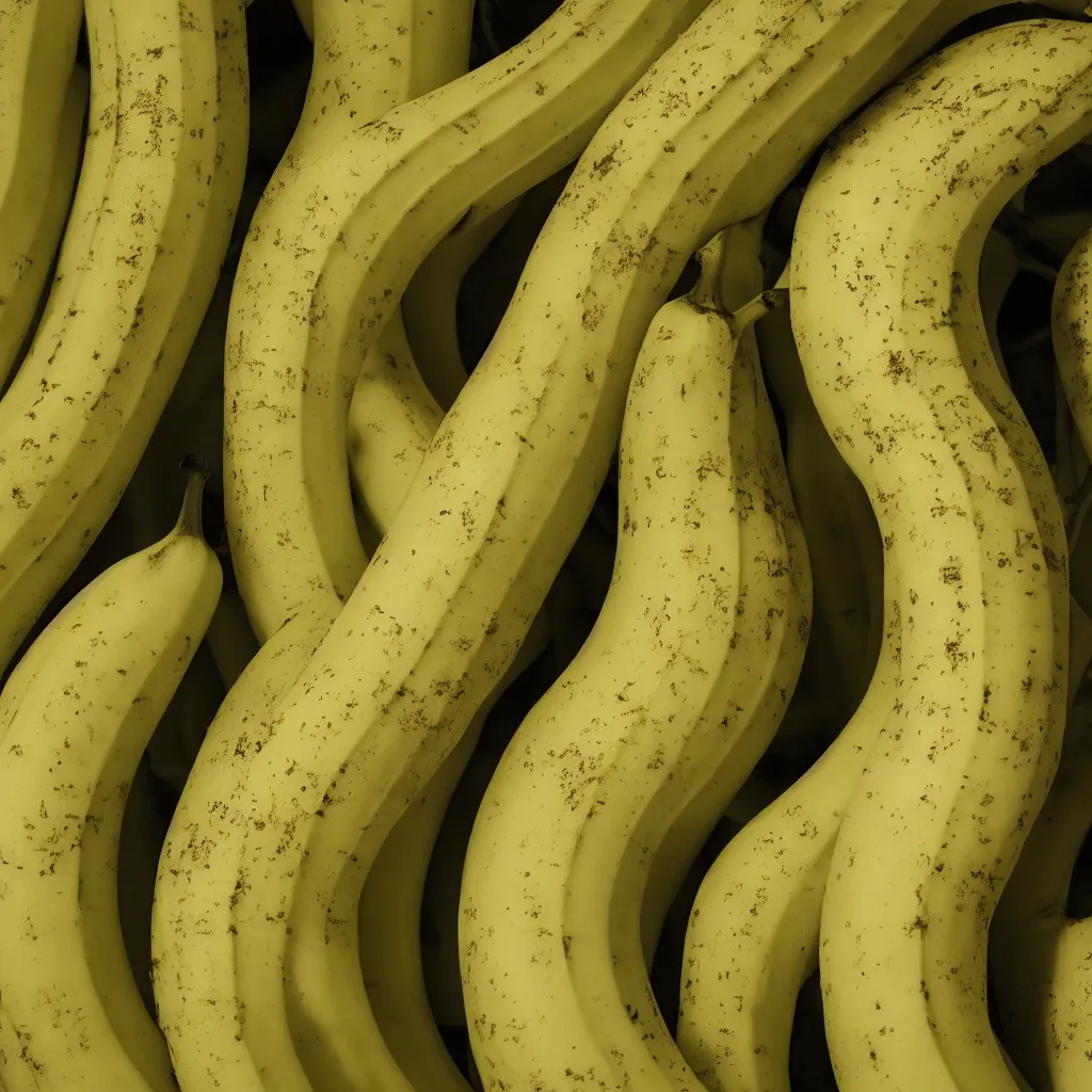 Image similar to circular fractal bananas that grow like coral, inside art nouveau with petal shape, big banana peals, and banana stems, mesh roots. closeup, hyper real, food photography, high quality