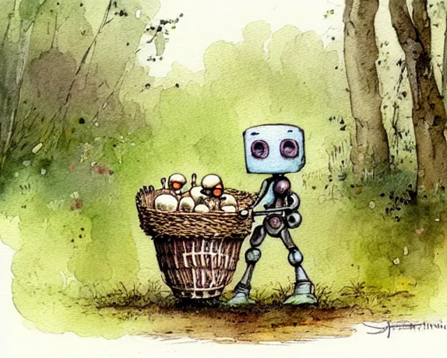 Image similar to a cute little robot walking in the forest picking mushrooms, holding a basket full of mushrooms, watercolor painting by jean - baptiste monge, muted colors