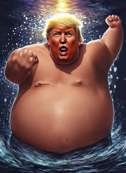 Realistic depiction of a grotesquely obese donald trump in white