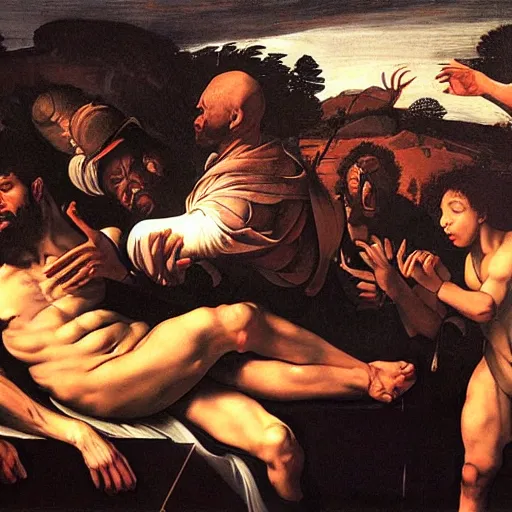 Prompt: the end of man with 2 1 savage apocalypse by caravaggio