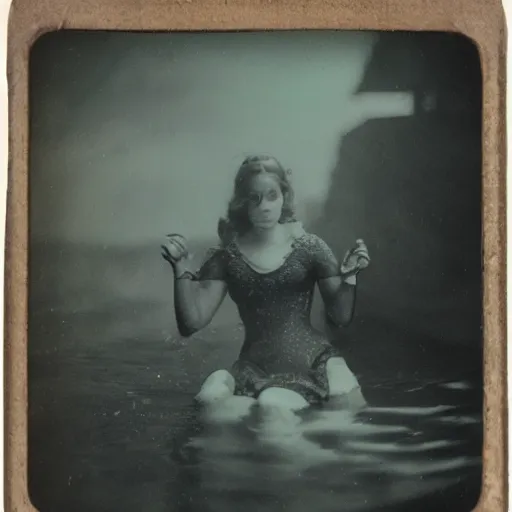 Image similar to tintype photo, underwater, girl riding the lochness monster