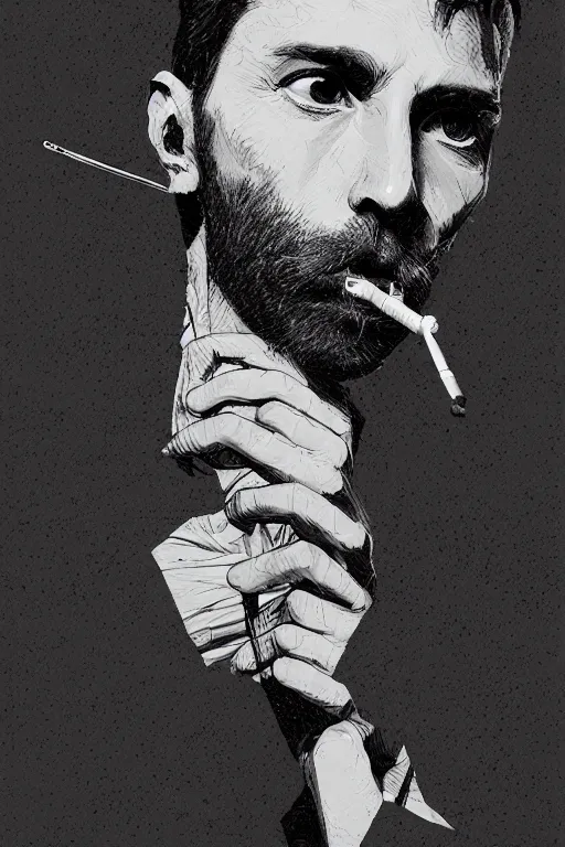 Image similar to hyperdetailed portrait of a man smoking a cigarette, by nicholas delort, artstation, smooth, graphic black and white. intricate, elegant, central composition, golden ratio,