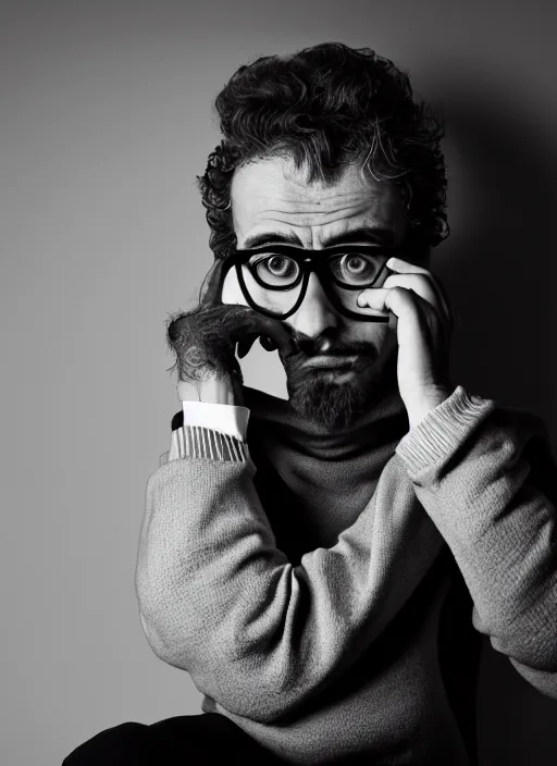Prompt: black and white, studio photograph of a male italian artist wearing glasses sitting on a stool wearing a turtleneck, anxiety and depression, intricate, elegant, highly detailed, hyper realistic, dark background, flickr, smooth, sharp focus, shot by national geographic