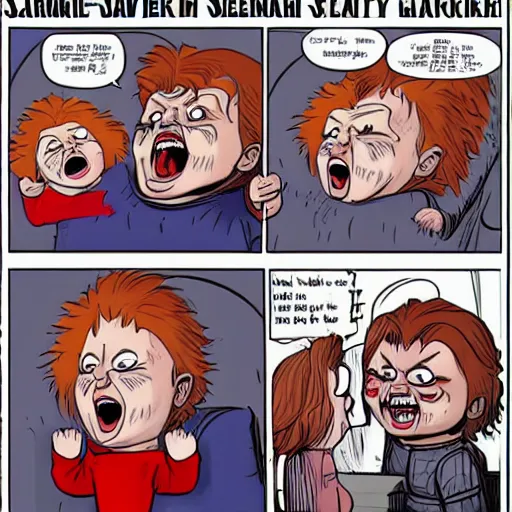 Prompt: chucky doll screaming at george rr martin