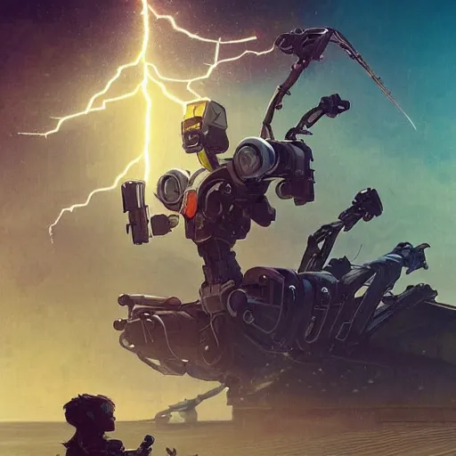 Image similar to movie poster of a scifi mech robot is on a beach, at dusk, art by greg rutkowski and alphonse mucha. golden ratio, rule of thirds, colorful, highly detailed, trending on artstation, 4 k, epic, cinematic lightning