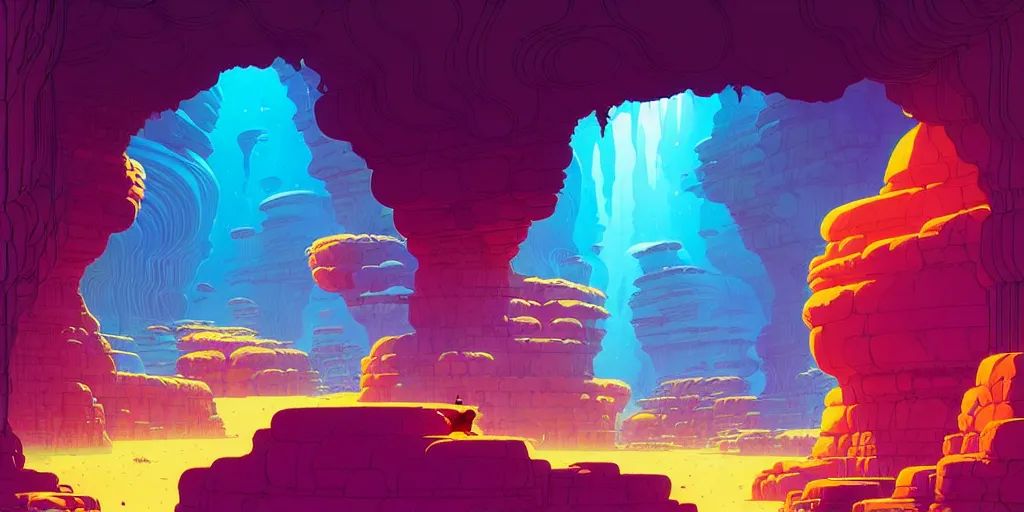 Image similar to deep natural cave wall, dynamic light, illustration by josan gonzales and moebius, rhads, syd mead, dan mumford, clean thick line, comics style,