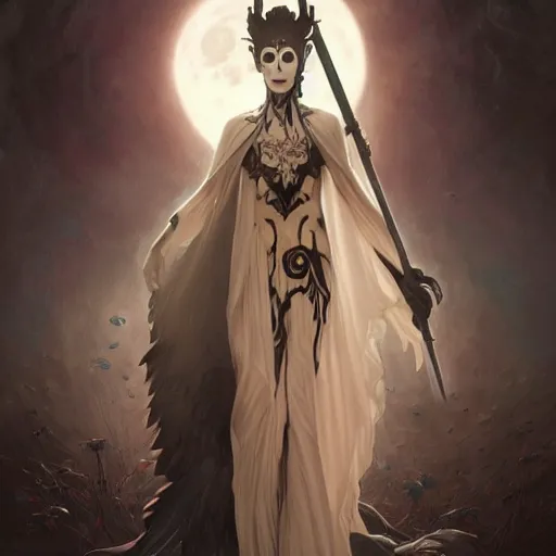 Image similar to the grim reaper as a gorgeous young girl, dark fantasy, intricate, very huge elaborate scythe, very huge black angel wings, elegant, glowave blood moon, full moon, highly detailed, digital painting, artstation, concept art, wallpaper, smooth, sharp focus, illustration, art by artgerm and greg rutkowski and alphonse mucha